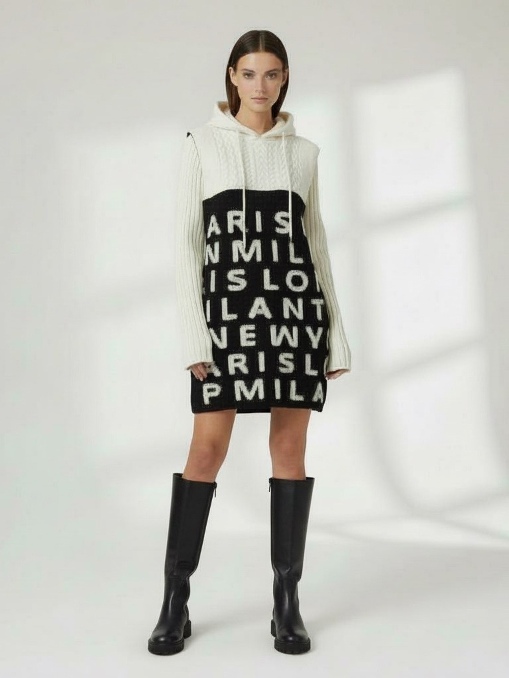 AKIRA ABC'S City Print Hoodie Mini Dress Sz XL Black White Cable Knit Streetwear - Picture 2 of 8